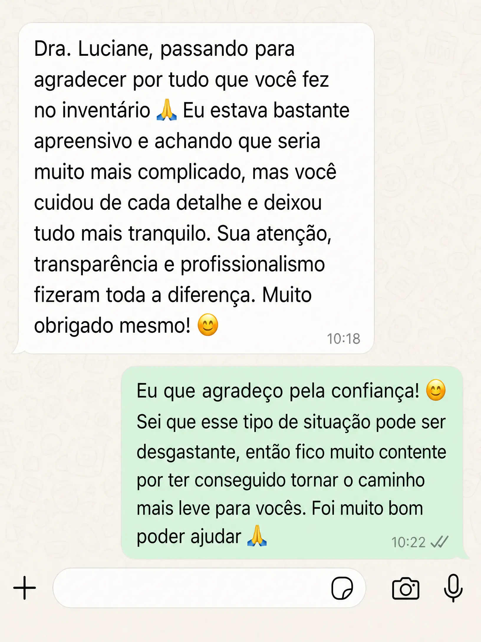 Cliente conta que estava apreensivo, achava que o inventário seria mais complicado, e agradece a atenção e a transparência