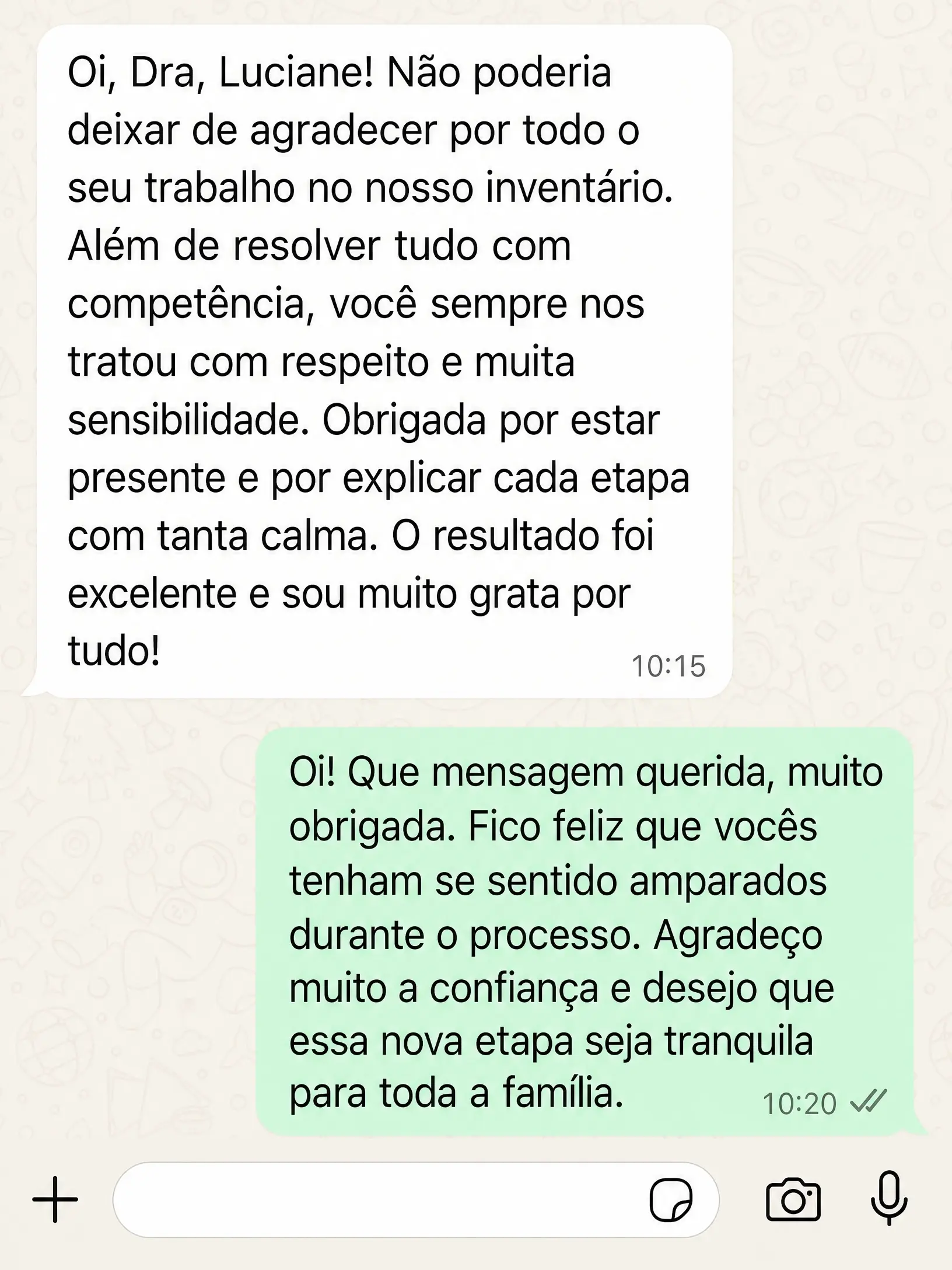 Cliente agradece o trabalho no inventário e destaca o respeito, a sensibilidade e a explicação de cada etapa